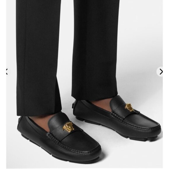 Versace Driver Medusa Shoes Vitello Black Leather Women Flats Size IT40 US10 - Picture 12 of 15